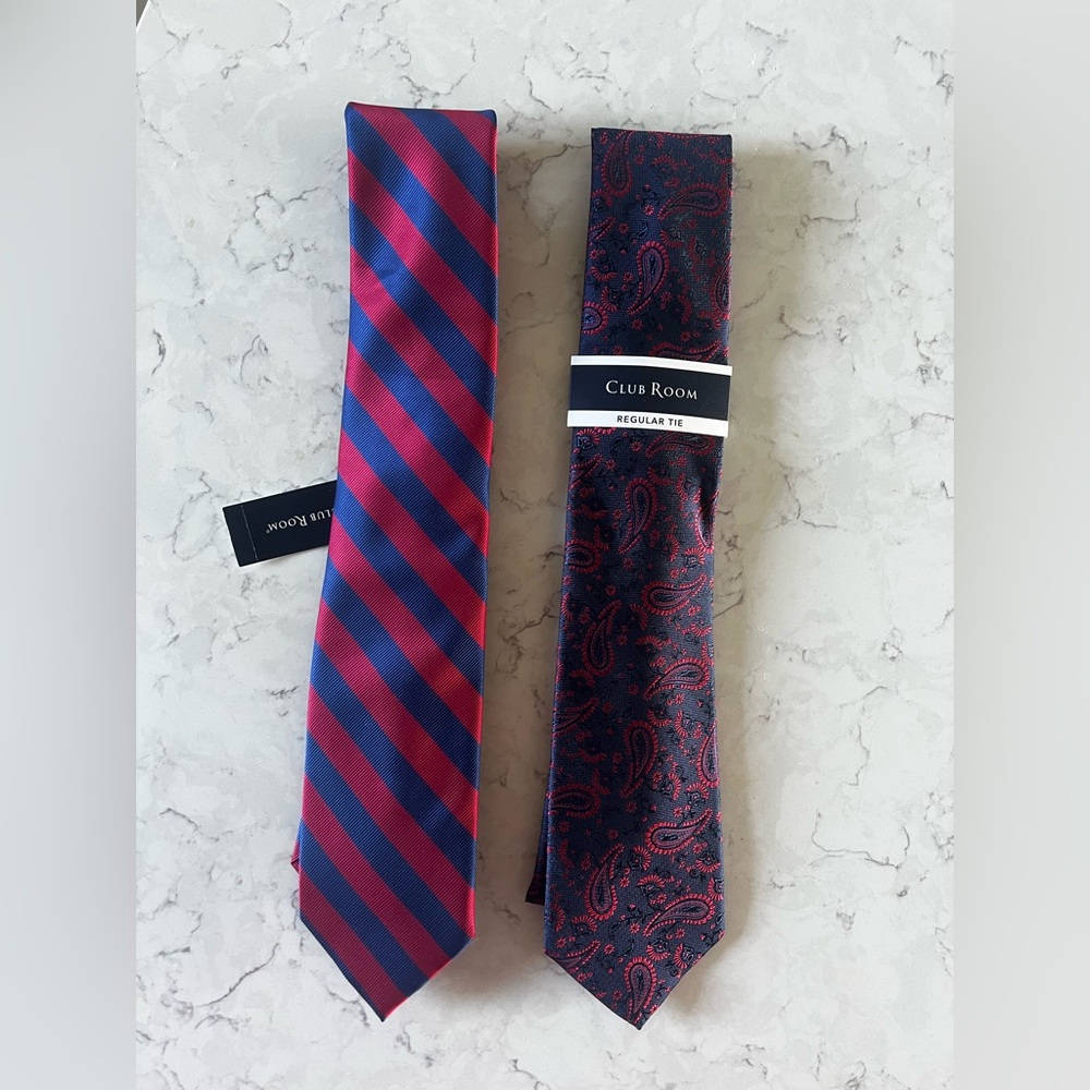 Club Room Burgundy and Navy Striped + Paisley Tie Set